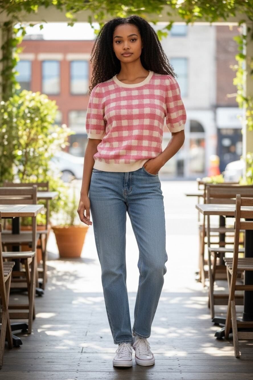 Anthropologie Maeve Harmon Jacquard Sweater Tee pink cream gingham Large new